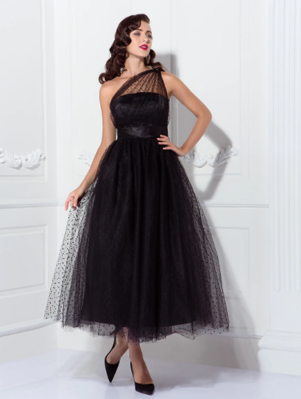 A-Linie Cocktailkleider Vintage Kleid Hochzeitsgast Ärmellos Eine Schulter Tüll mit Falten Musterdruck