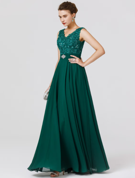 A-Linie Elegantes Kleid Hochzeit Bodenlang Ärmellos V-Ausschnitt Chiffon Rücken Perlenstickerei