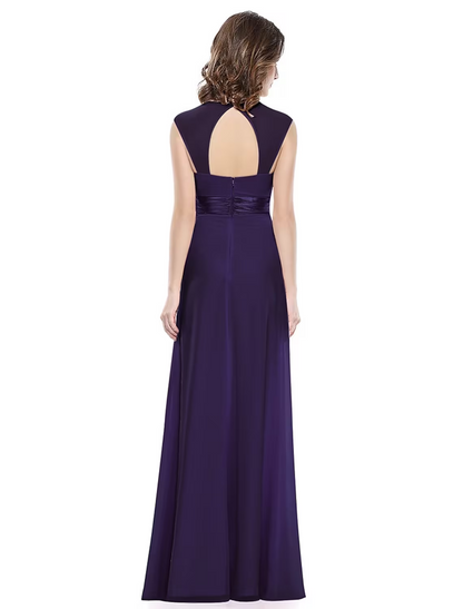 Vestido de noche de corte A, hermoso vestido de espalda, para invitada de boda, largo hasta el suelo, sin mangas, cuello redondo, de gasa con fruncido