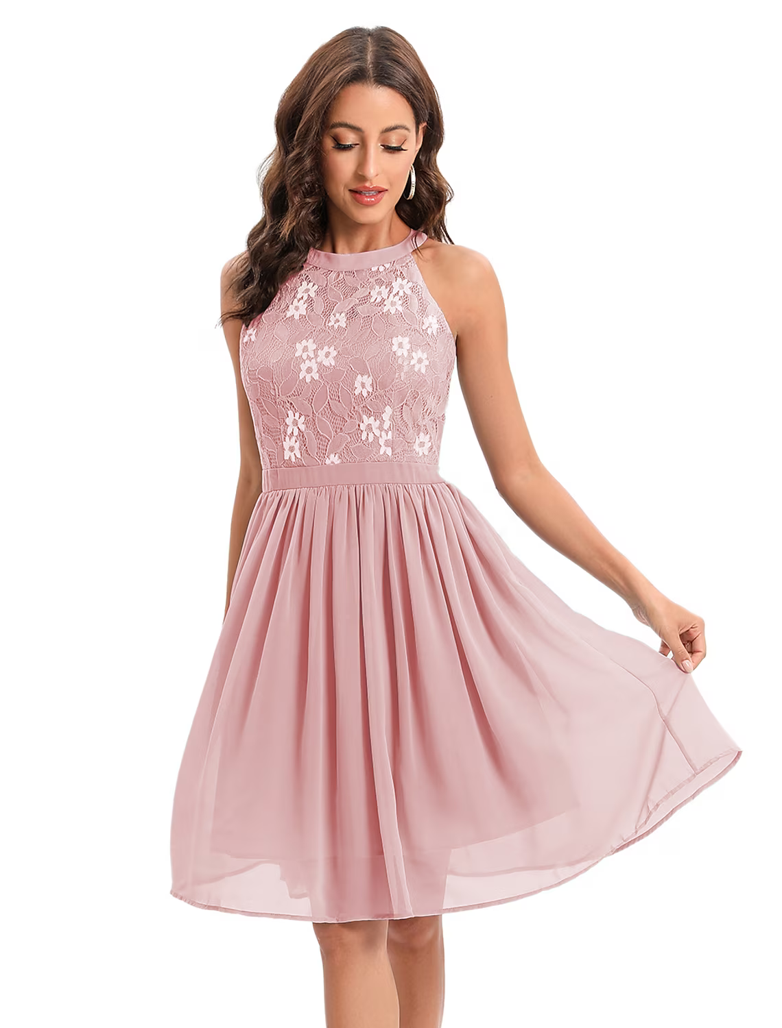 Vestidos de cóctel de corte A, vestido vintage, vestido de fiesta, largo hasta la rodilla, sin mangas, cuello joya, mezcla de algodón con inserción de encaje, estampado, empalme