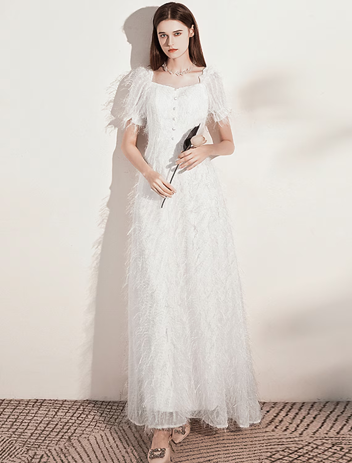 A-Line Evening Gown Dress Wedding Guest Floor Length Short Sleeve Scoop Neck Tulle with Buttons