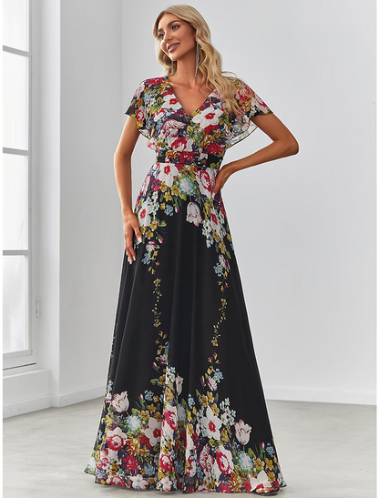 A-Line Evening Gown Elegant Dress Birthday Floor Length Short Sleeve V Neck Chiffon with Pattern