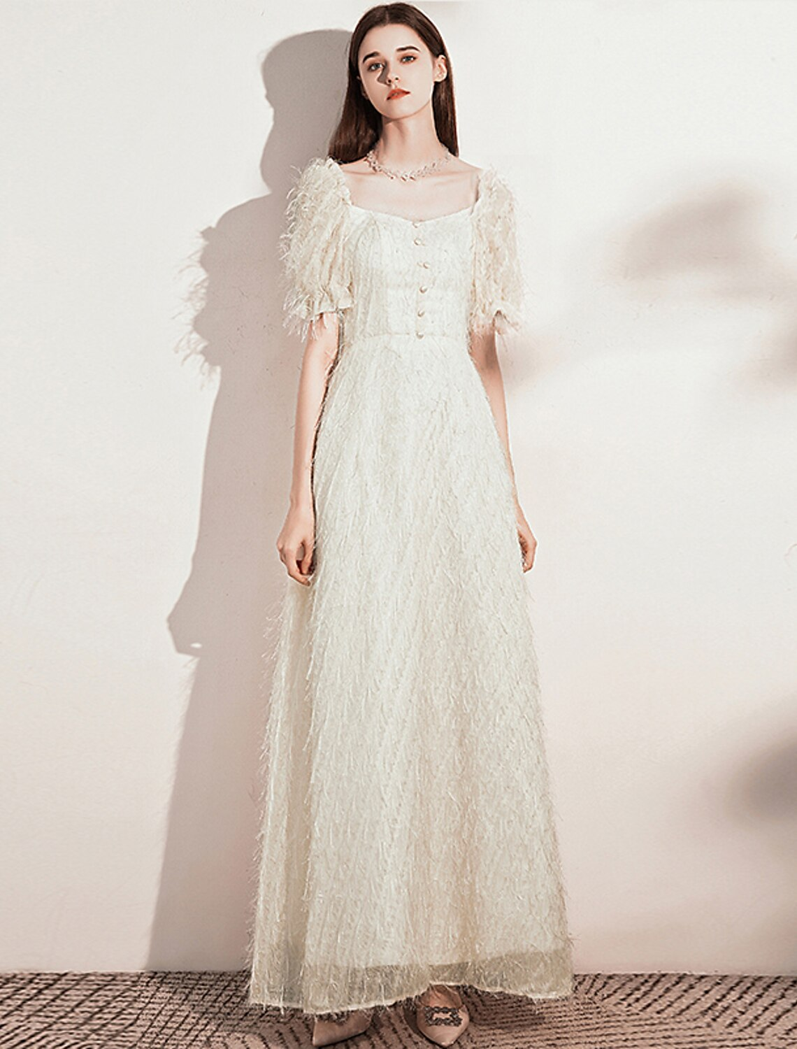 A-Line Evening Gown Dress Wedding Guest Floor Length Short Sleeve Scoop Neck Tulle with Buttons