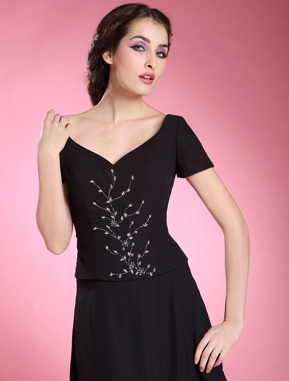 Vestido formal de noche, corte A, largo hasta el suelo, manga corta, escote en V, de gasa con volantes y cuentas