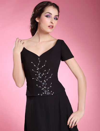 Vestido formal de noche, corte A, largo hasta el suelo, manga corta, escote en V, de gasa con volantes y cuentas