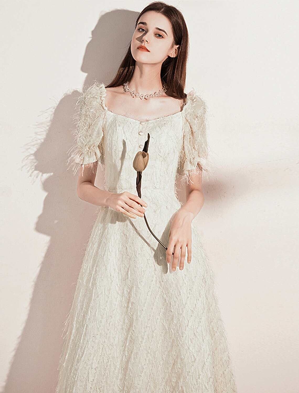 A-Line Evening Gown Dress Wedding Guest Floor Length Short Sleeve Scoop Neck Tulle with Buttons