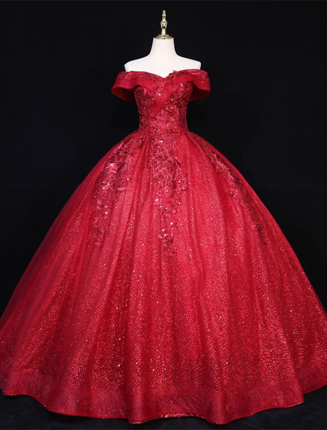 Vestido de quinceañera estilo princesa, largo hasta el suelo, sin mangas, hombros descubiertos, poliéster, con apliques