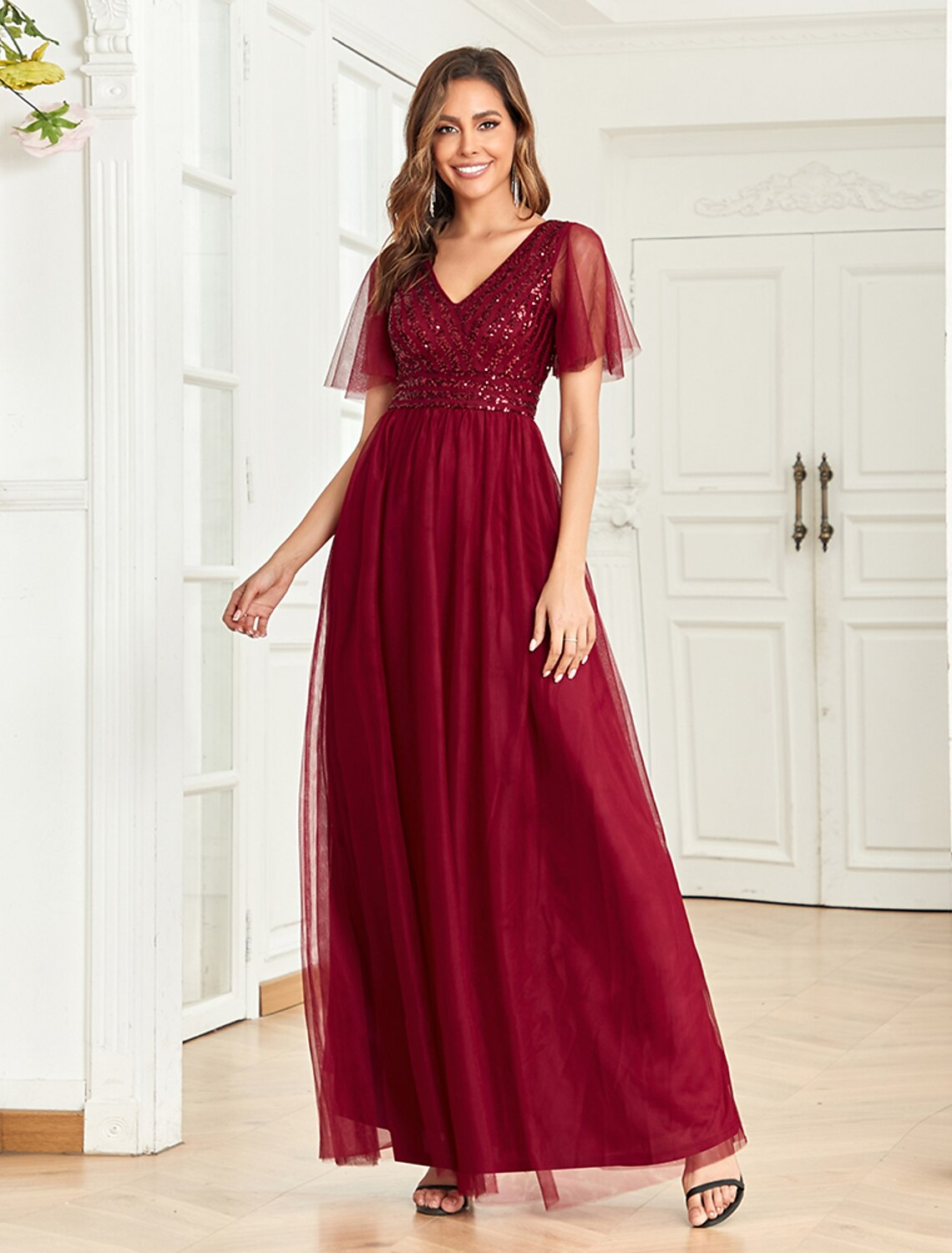 A-Line Party Dresses Empire Dress Party Wear Floor Length Short Sleeve V Neck Tulle V Back with Glitter Sequin