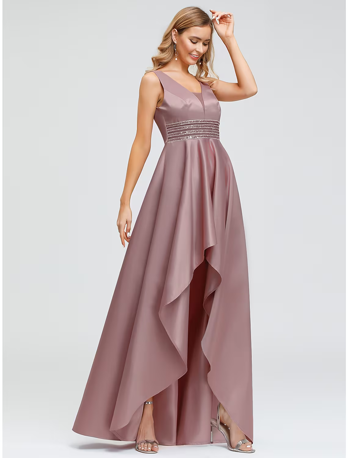 A-Linie, elegantes Cocktailpartykleid für Hochzeitsgäste, V-Ausschnitt, V-Rücken, ärmellos, asymmetrisch, Polyester mit Kristallperlen