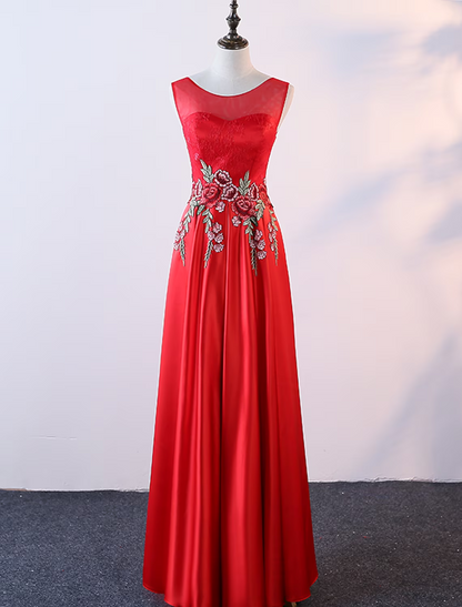 A-Line Evening Gown Elegant Dress Prom Floor Length Sleeveless Jewel Neck Satin with Embroidery Appliques