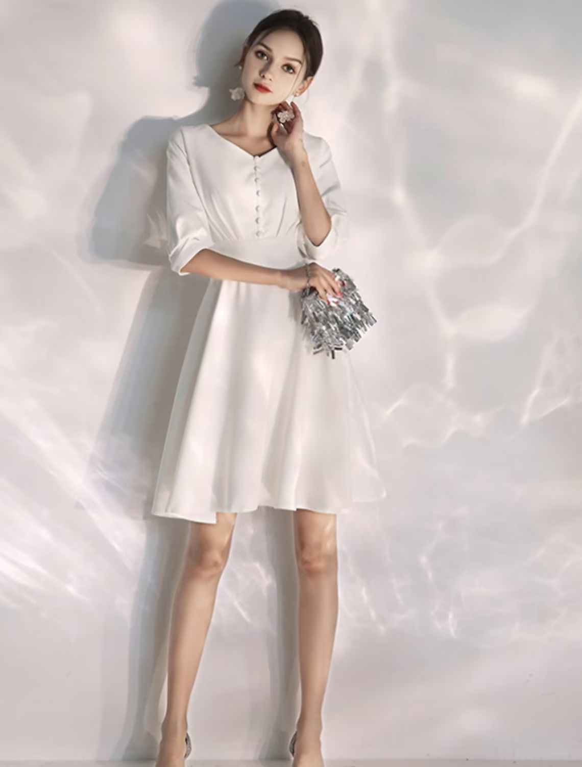 Vestidos blancos cortos para despedida de soltera, vestidos de novia hasta la rodilla, corte en A, media manga, cuello en V, tejido elástico con