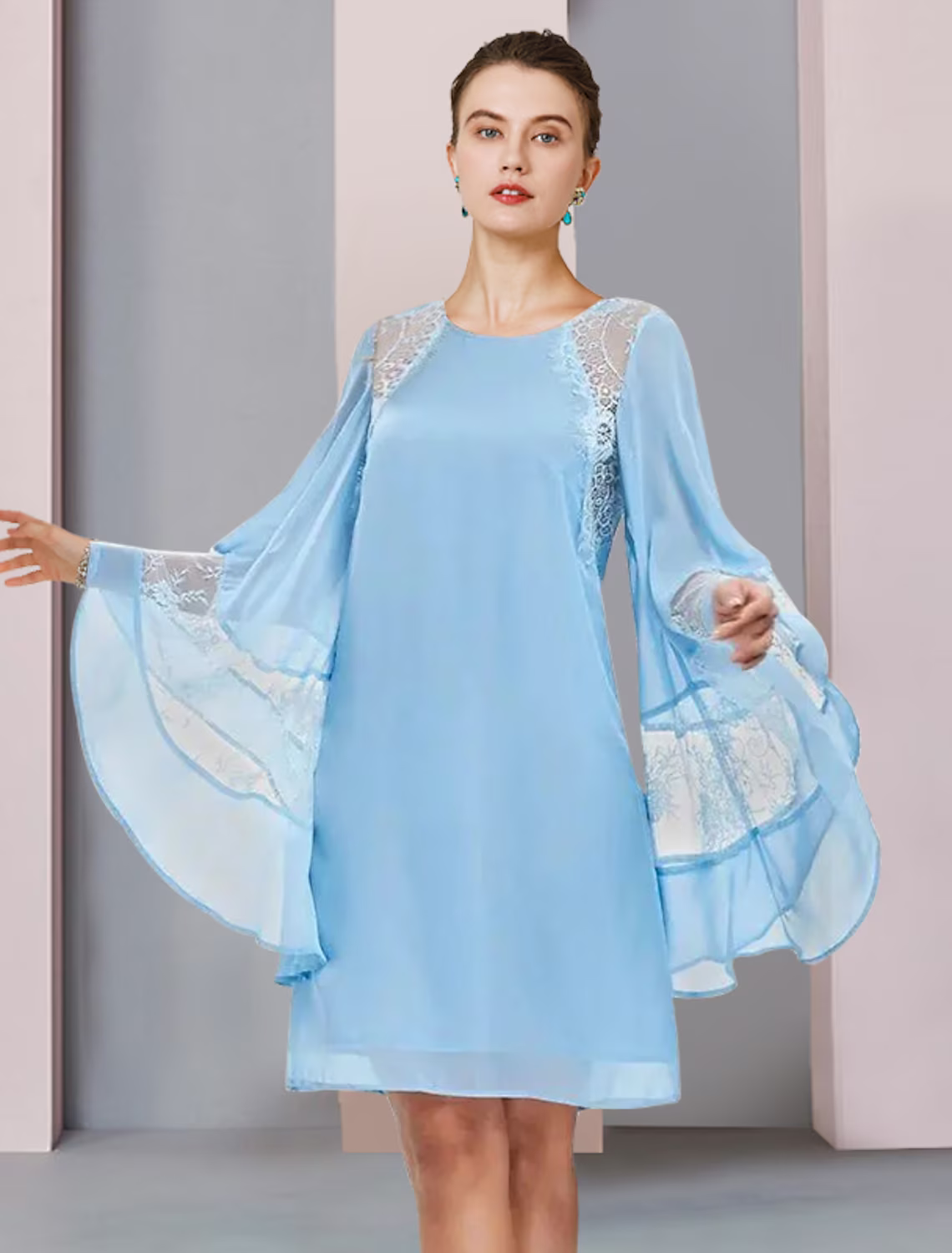 A-Line Mother of the Bride Dress Formal Wedding Guest Plus Size Elegant Jewel Neck Short Mini Lace Long Sleeve with Ruffles