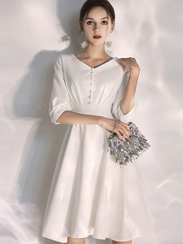 Vestidos blancos cortos para despedida de soltera, vestidos de novia hasta la rodilla, corte en A, media manga, cuello en V, tejido elástico con