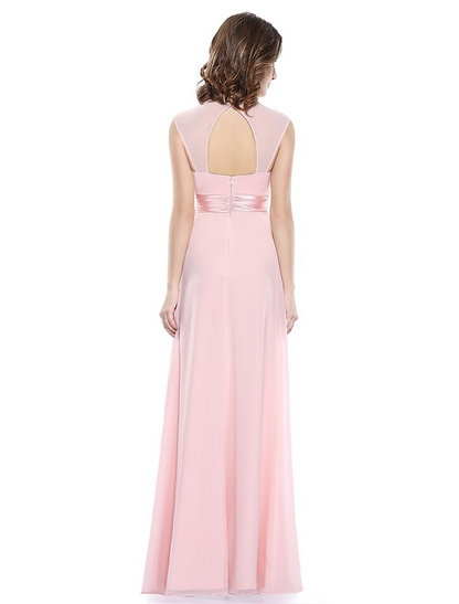 Vestido de noche de corte A, hermoso vestido de espalda, para invitada de boda, largo hasta el suelo, sin mangas, cuello redondo, de gasa con fruncido