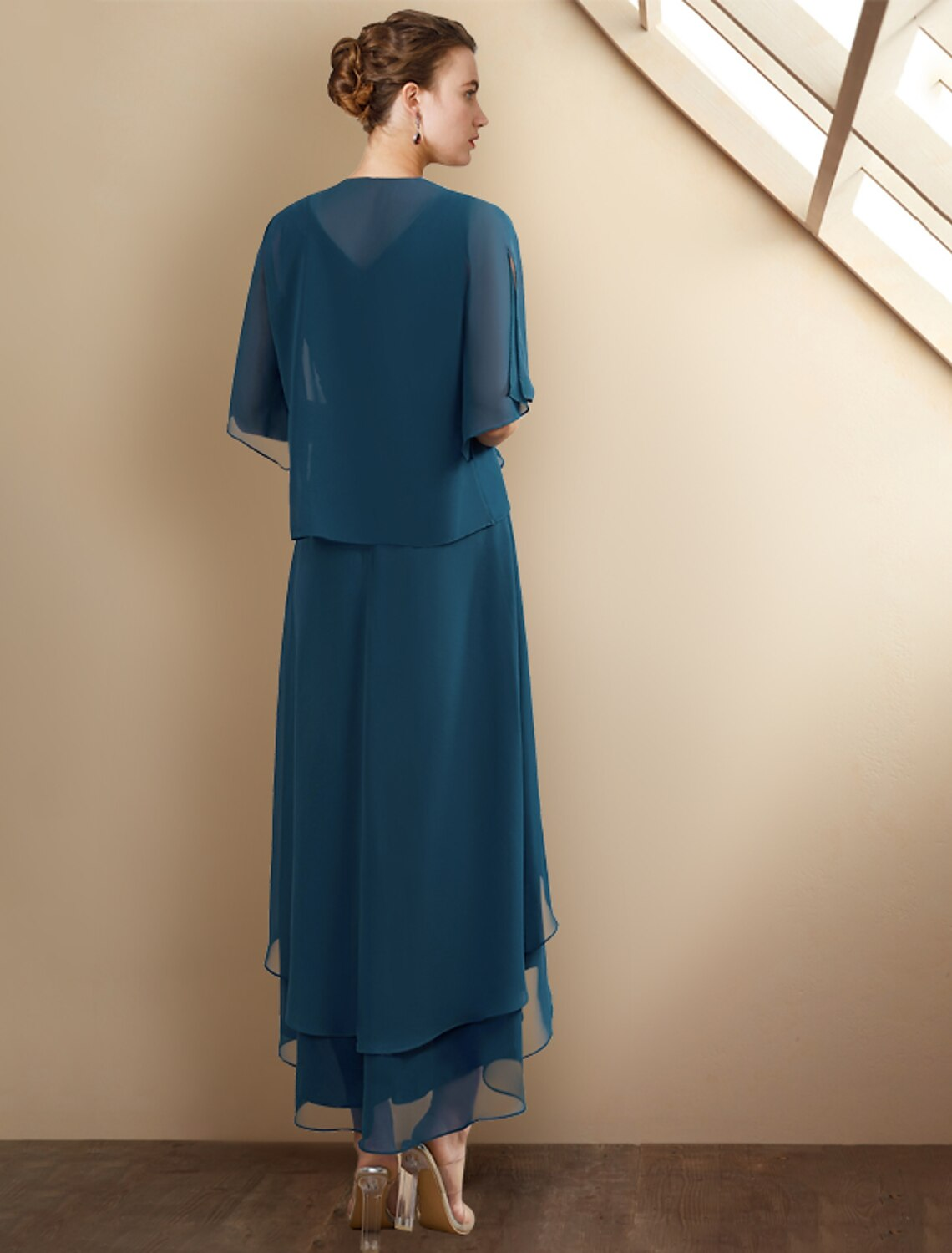 A-Line Mother of the Bride Dress Elegant High Low V Neck Asymmetrical Chiffon Sleeveless Wrap Included with Beading Cascading Ruffles Side-Draped