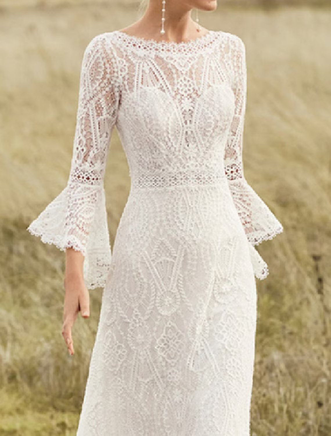 Beach Wedding Dresses Chapel Train A-Line Long Sleeve Jewel Neck Satin