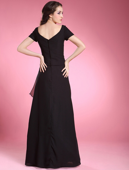 Vestido formal de noche, corte A, largo hasta el suelo, manga corta, escote en V, de gasa con volantes y cuentas