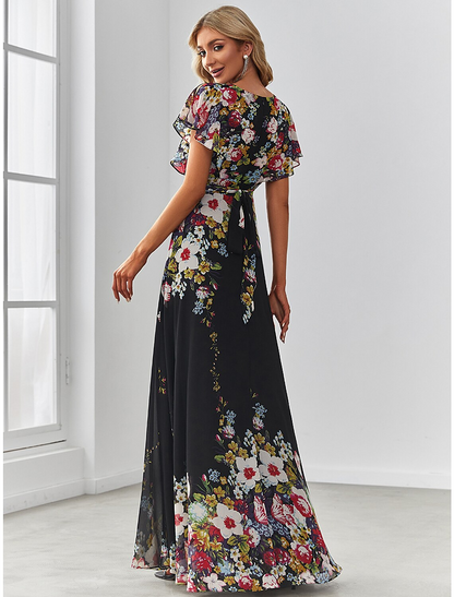 A-Line Evening Gown Elegant Dress Birthday Floor Length Short Sleeve V Neck Chiffon with Pattern