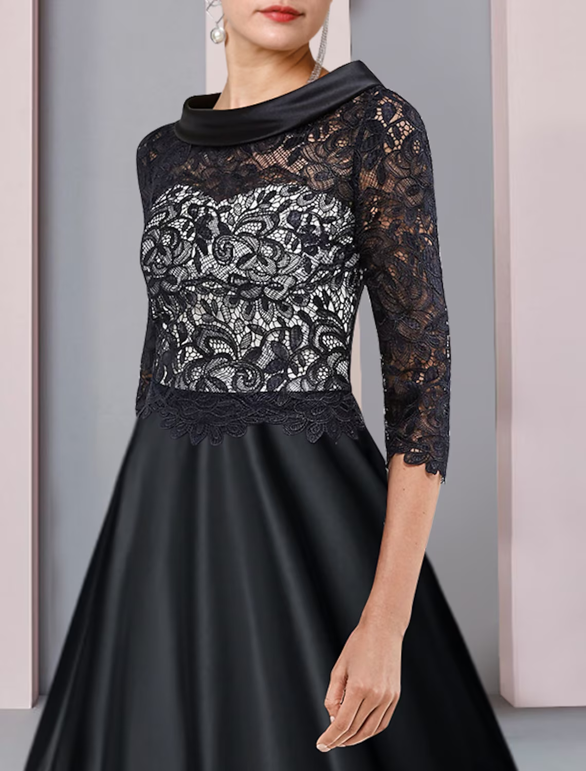 A-Line Mother of the Bride Dress Formal Wedding Guest Party Elegant Neck Satin Lace Half Sleeve with Pleats Appliques