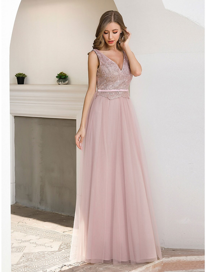 A-Line Evening Gown Elegant Dress Wedding Guest Floor Length Sleeveless V Neck Satin V Back with Sash Ribbon Sequin