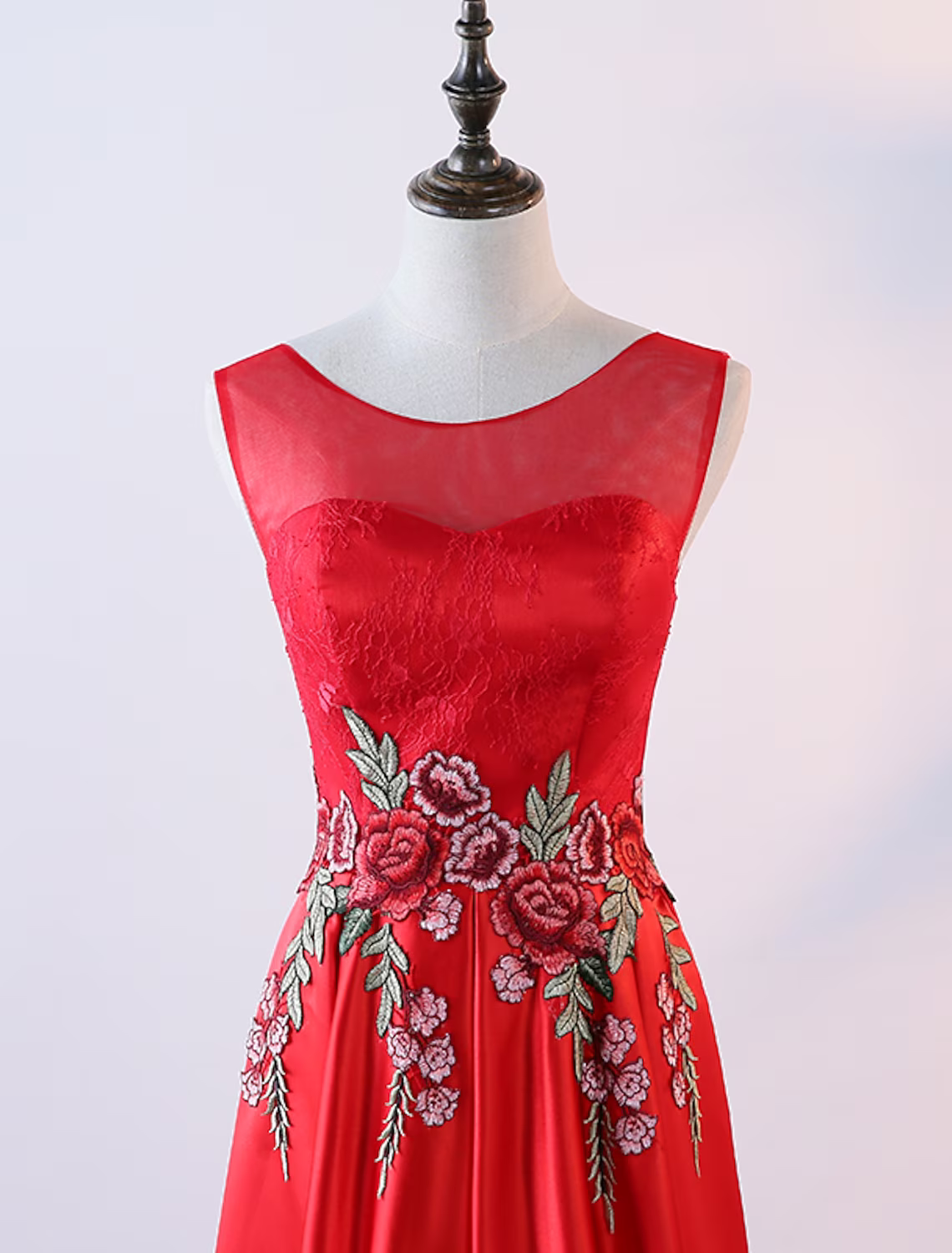 Vestido de noche elegante de corte A, largo hasta el suelo, sin mangas, cuello joya, satén con apliques bordados