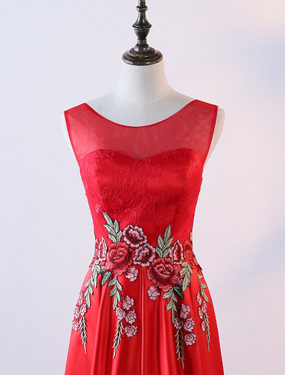 A-Line Evening Gown Elegant Dress Prom Floor Length Sleeveless Jewel Neck Satin with Embroidery Appliques