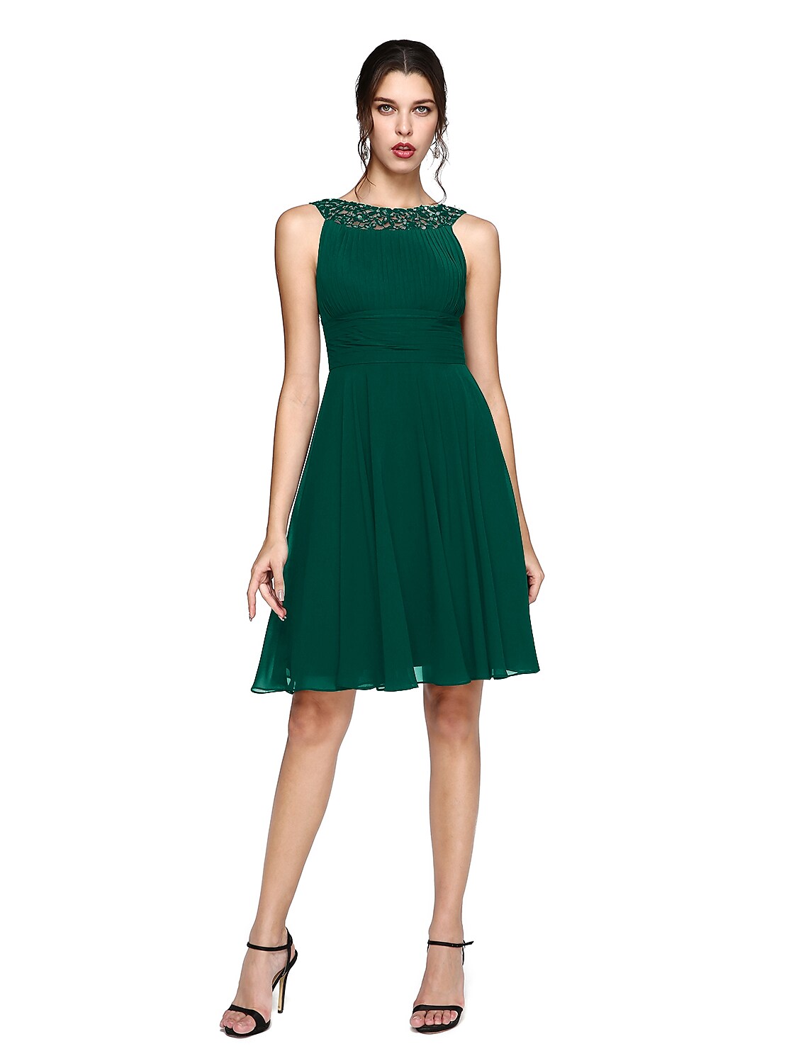 Vestido de cóctel de corte A, vestido de fiesta, boda, largo hasta la rodilla, sin mangas, de gasa con inserción de encaje de lentejuelas fruncidas