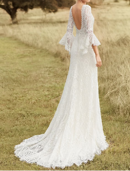 Beach Wedding Dresses Chapel Train A-Line Long Sleeve Jewel Neck Satin