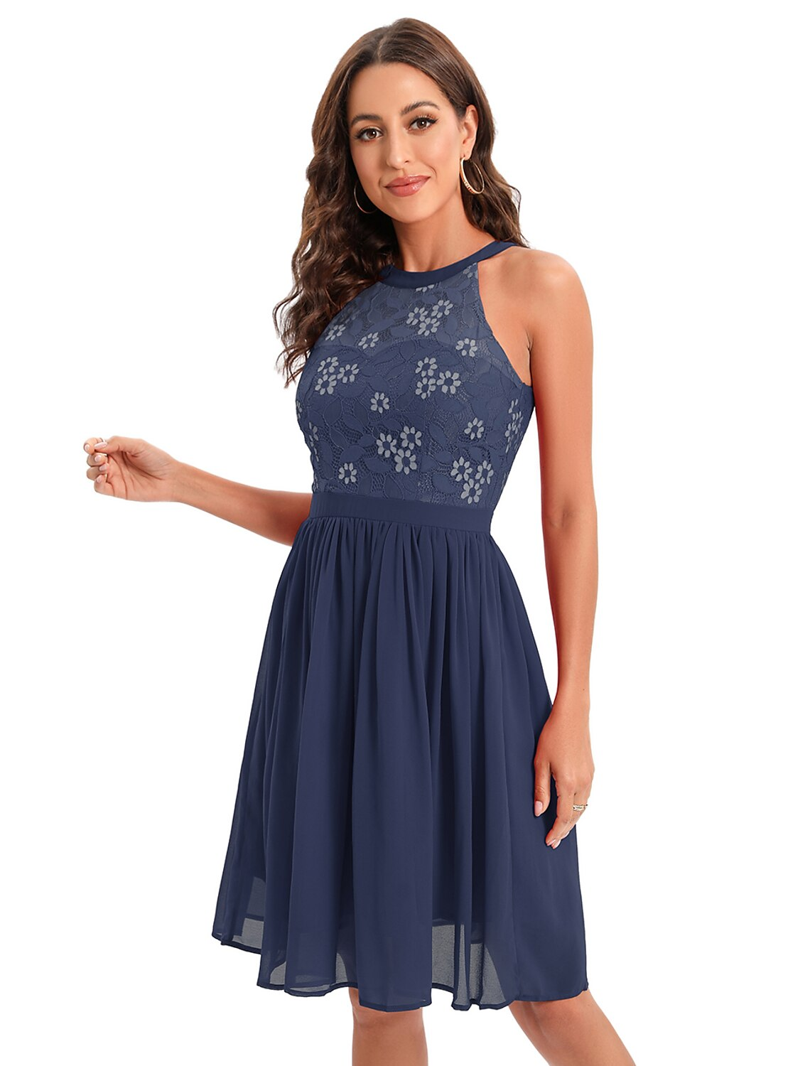 A-Line Cocktail Dresses Vintage Dress Party Wear Knee Length Sleeveless Jewel Neck Cotton Blend with Lace Insert Pattern Print Splicing