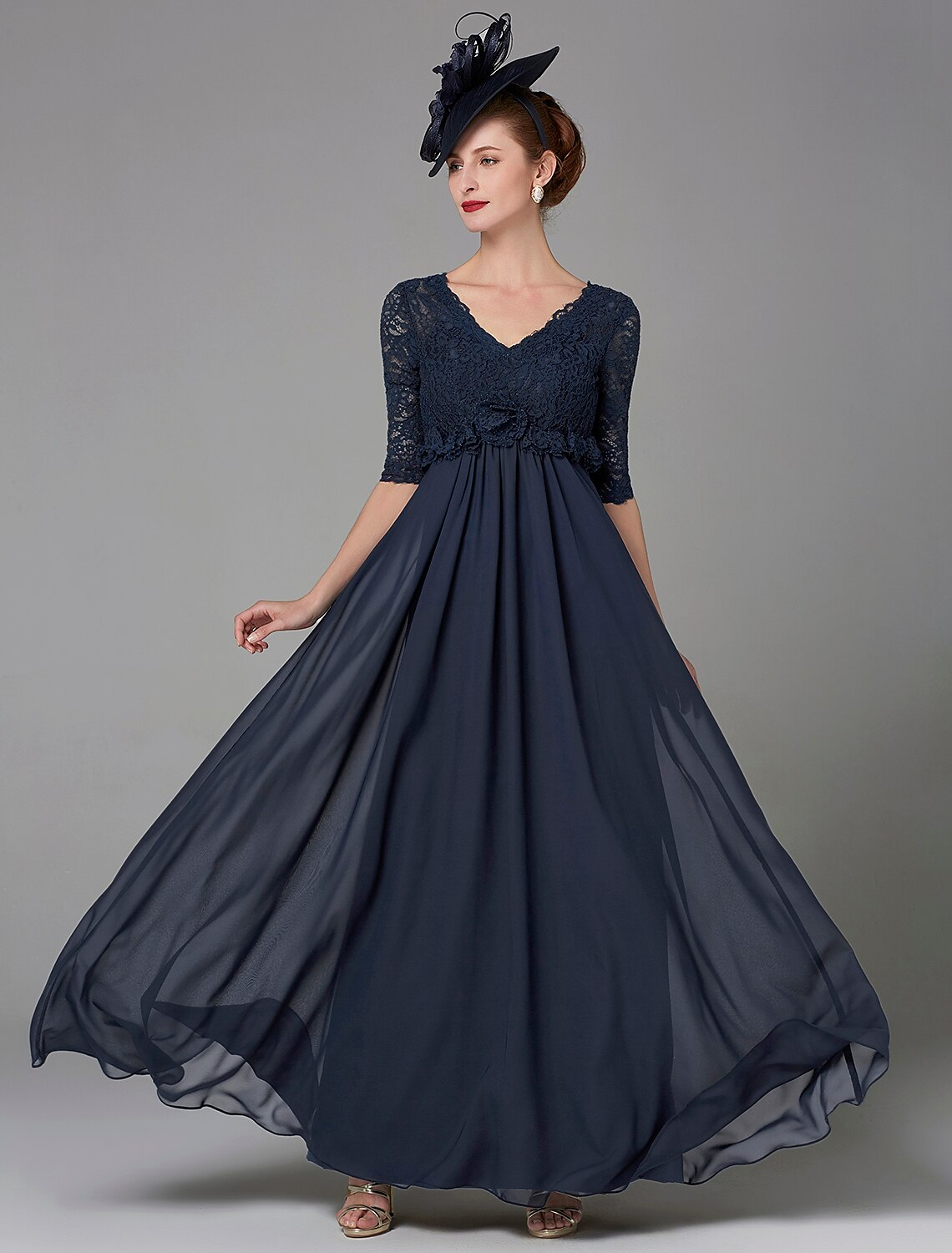 A-Line Mother of the Bride Dress Elegant Luxurious V Neck Floor Length Chiffon Lace Half Sleeve with Lace Bow(s)