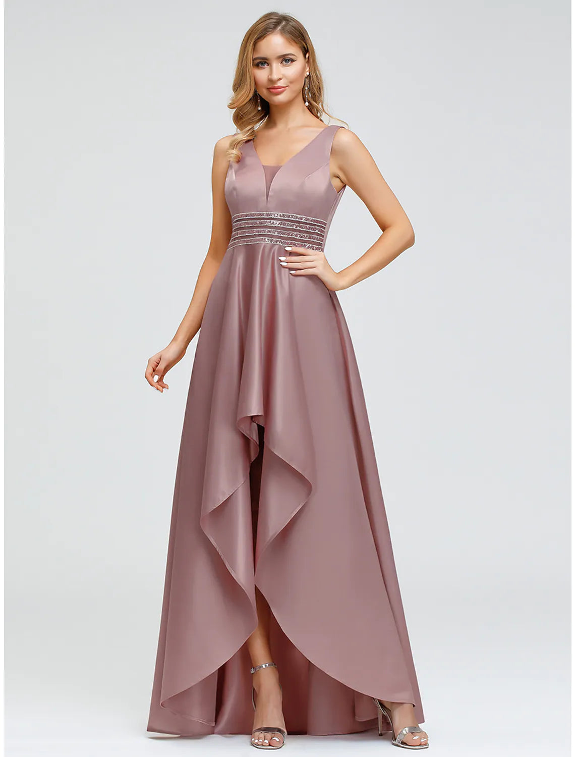 A-Linie, elegantes Cocktailpartykleid für Hochzeitsgäste, V-Ausschnitt, V-Rücken, ärmellos, asymmetrisch, Polyester mit Kristallperlen