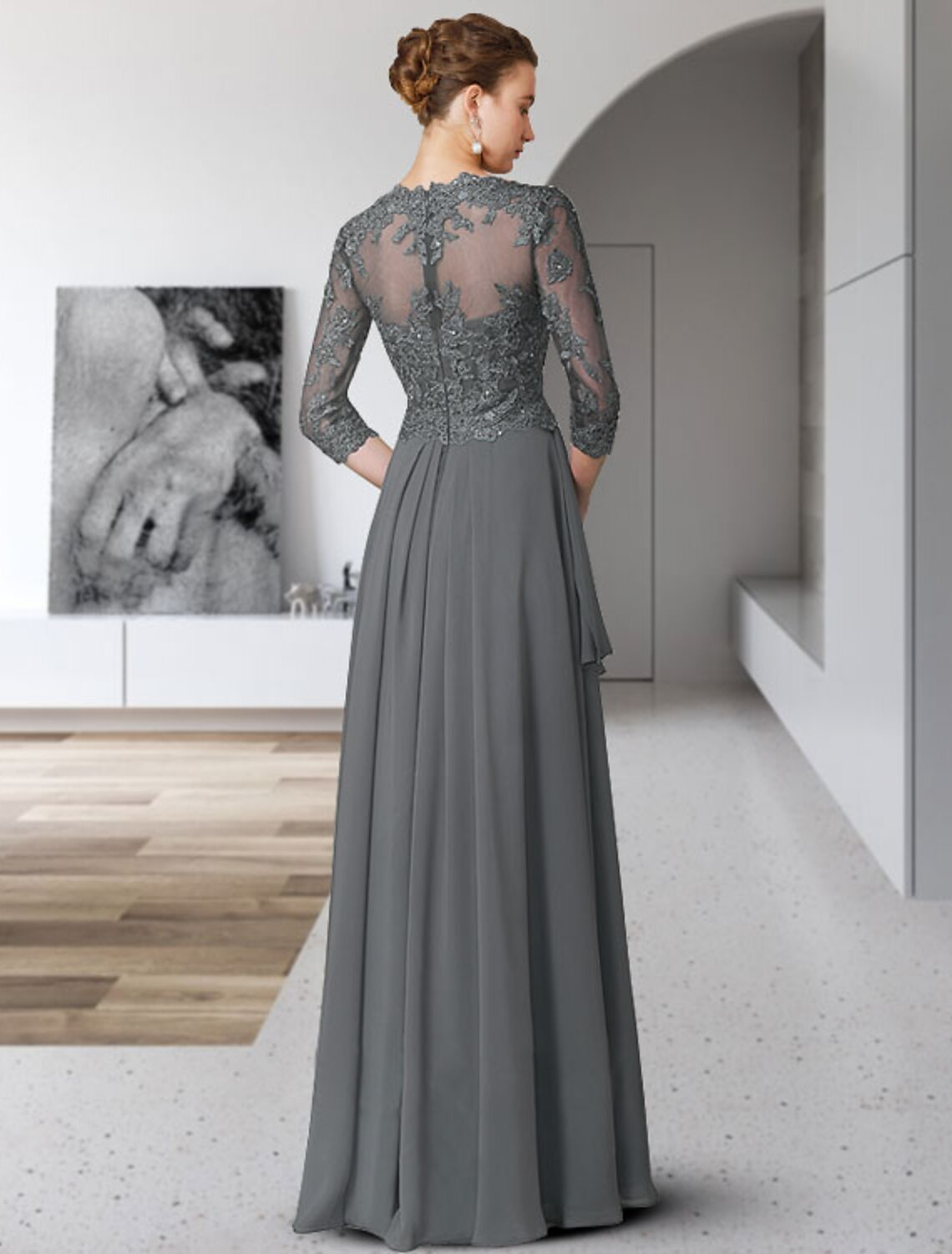 A-Line Mother of the Bride Dress Elegant V Neck Floor Length Chiffon Lace  Sleeve with Pleats Appliques