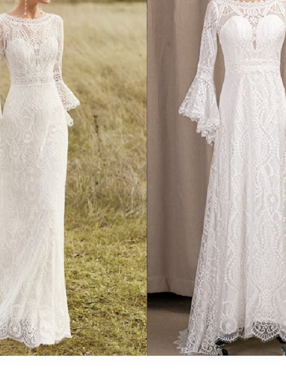 Beach Wedding Dresses Chapel Train A-Line Long Sleeve Jewel Neck Satin