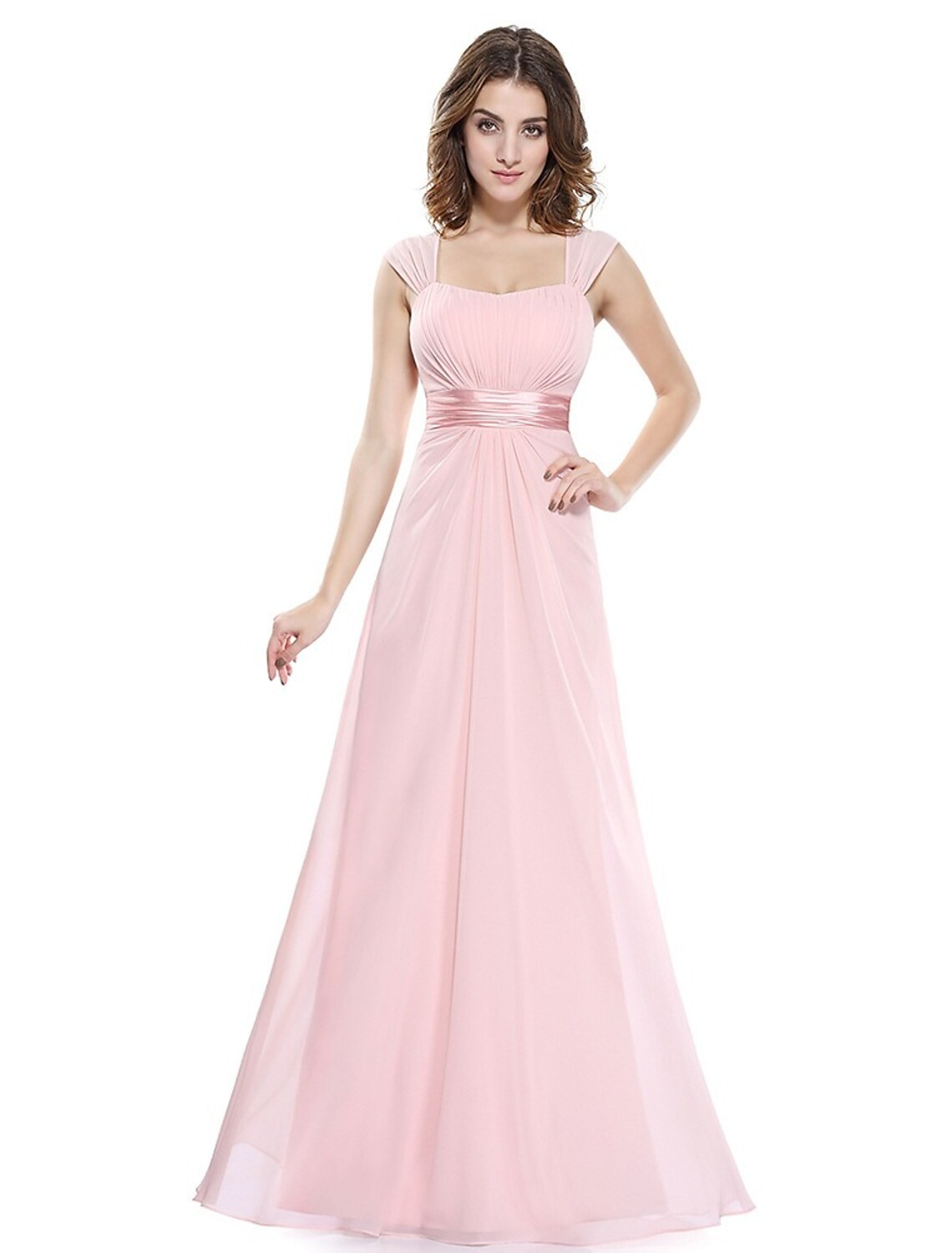 Vestido de noche de corte A, hermoso vestido de espalda, para invitada de boda, largo hasta el suelo, sin mangas, cuello redondo, de gasa con fruncido