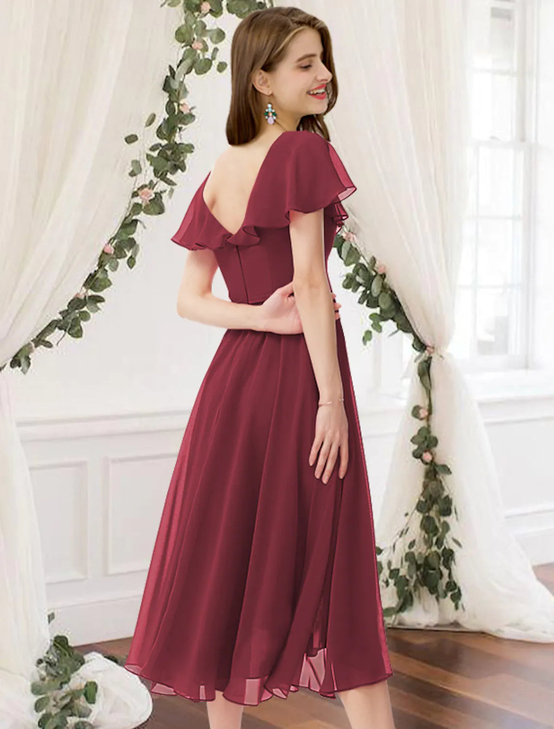 A-Line Bridesmaid Dress V Neck Short Sleeve Elegant Knee Length Chiffon with Pleats Ruffles