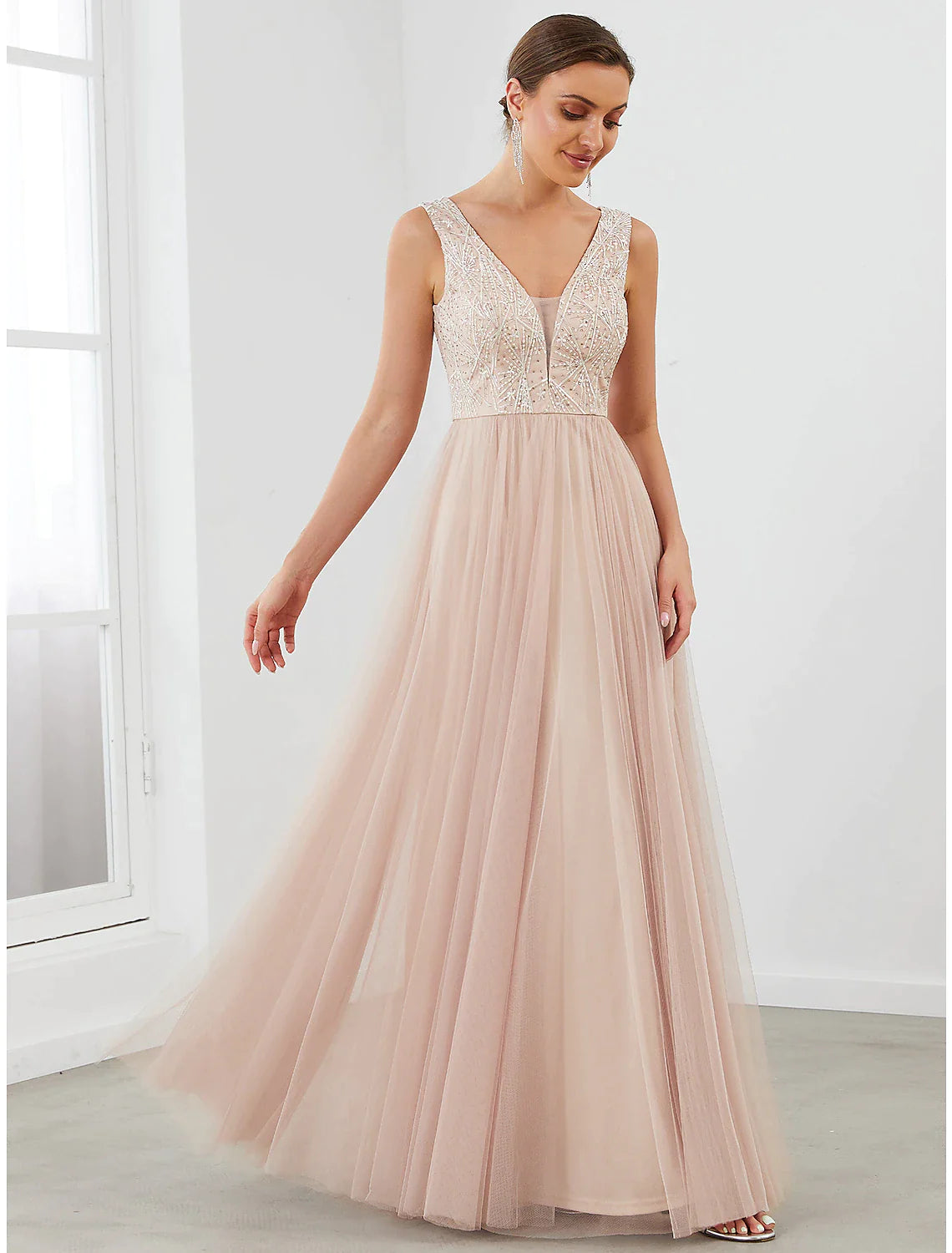 A-Line Evening Gown Elegant Dress Wedding Guest Floor Length Sleeveless V Neck Tulle V Back Sequin Draping