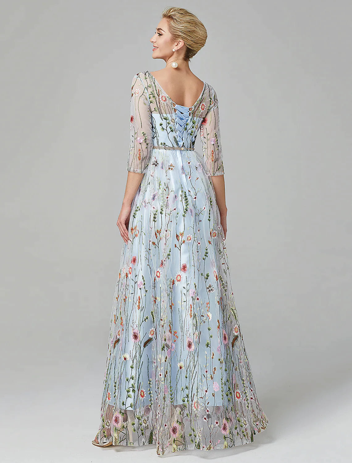 A-Line Evening Gown Elegant Dress Floor Length Sleeve  Lace with Embroidery