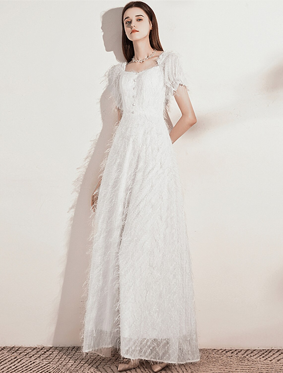 A-Line Evening Gown Dress Wedding Guest Floor Length Short Sleeve Scoop Neck Tulle with Buttons