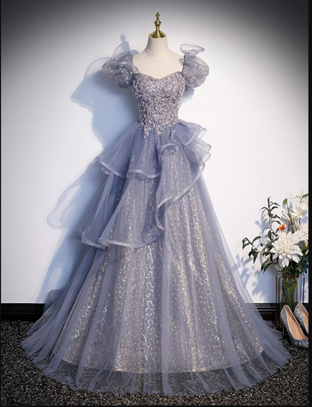 Ball Gown Quinceanera Dresses Princess Dress Performance Floor Length Short Sleeve Square Neck Tulle with Crystals Ruffles