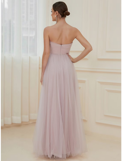 A-Line Evening Gown Elegant Dress Wedding Guest Floor Length Sleeveless Off Shoulder Tulle with Tiered