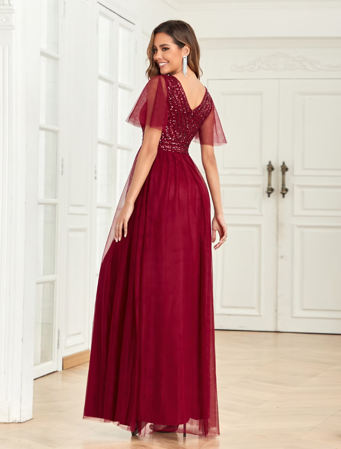 A-Line Party Dresses Empire Dress Party Wear Floor Length Short Sleeve V Neck Tulle V Back with Glitter Sequin