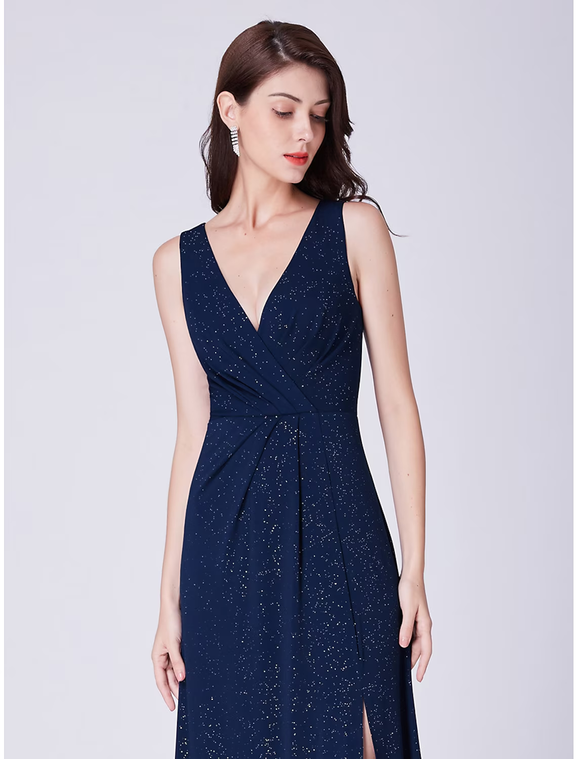 Vestido de noche formal elegante de corte A, escote en V, sin mangas, largo hasta el suelo, mezcla de algodón con drapeado