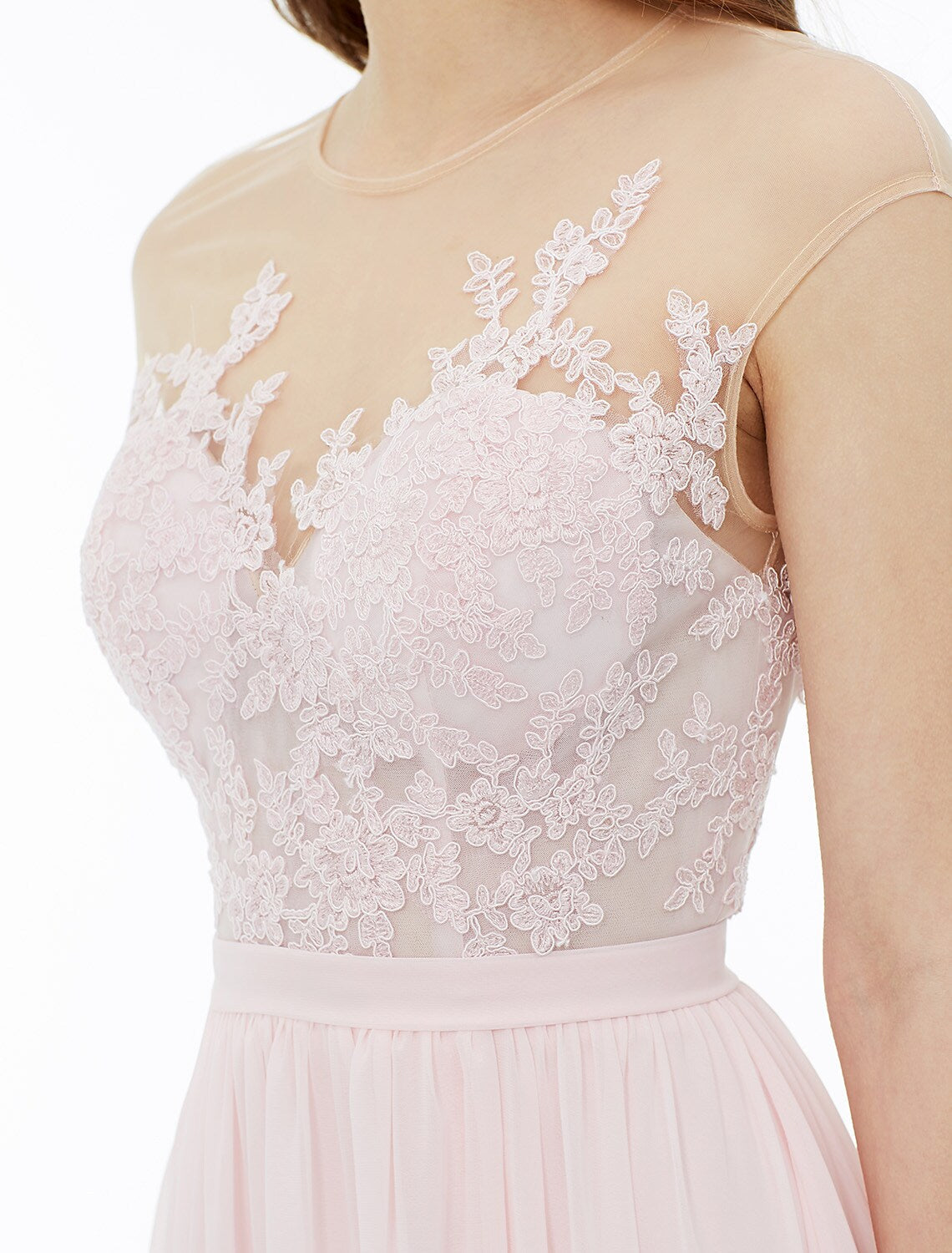 Vestido de dama de honor de corte A, sin mangas, largo hasta el suelo, de gasa, con encaje floral, faja y apliques de cinta