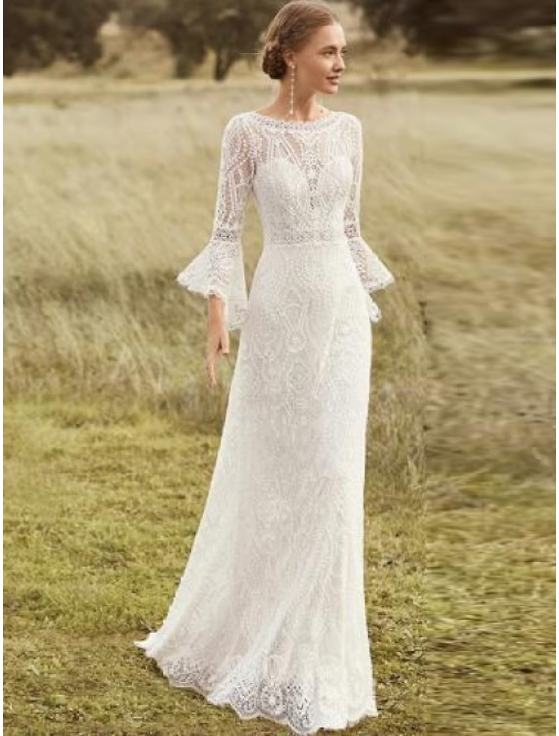 Beach Wedding Dresses Chapel Train A-Line Long Sleeve Jewel Neck Satin