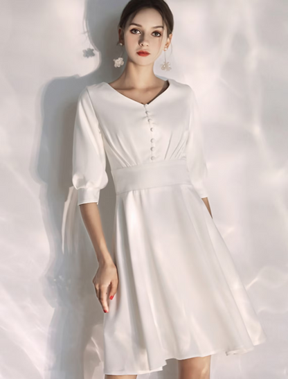 Vestidos blancos cortos para despedida de soltera, vestidos de novia hasta la rodilla, corte en A, media manga, cuello en V, tejido elástico con