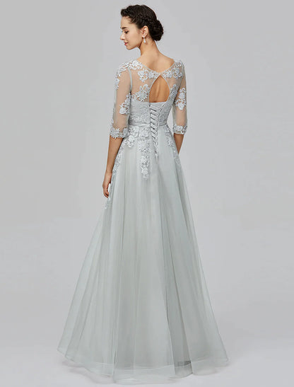 Vestido de novia de corte A, largo hasta el suelo, media manga, tul con apliques de lazo(s)