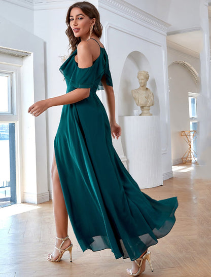 A-Line Elegant Vintage Party Wear Formal Evening Dress Strap Short Sleeve Ankle Length Chiffon with Ruffles Slit