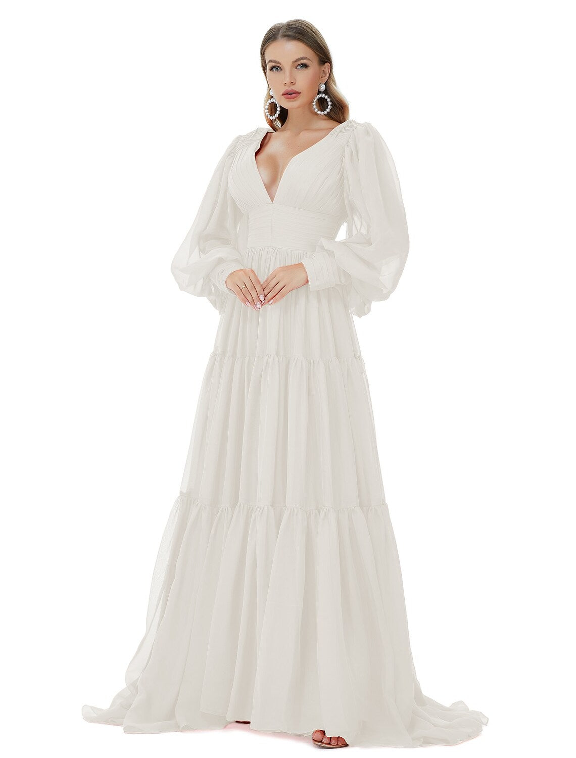 Vestido de noche sexy de corte A, vestido de fiesta de manga larga con cuello en V de gasa con fruncido