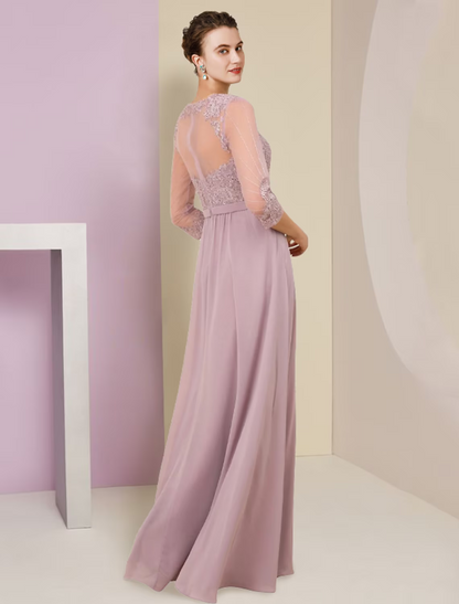 A-Line Mother of the Bride Dress Formal Wedding Guest Elegant V Neck Floor Length Chiffon Lace Sleeve with Pleats Appliques