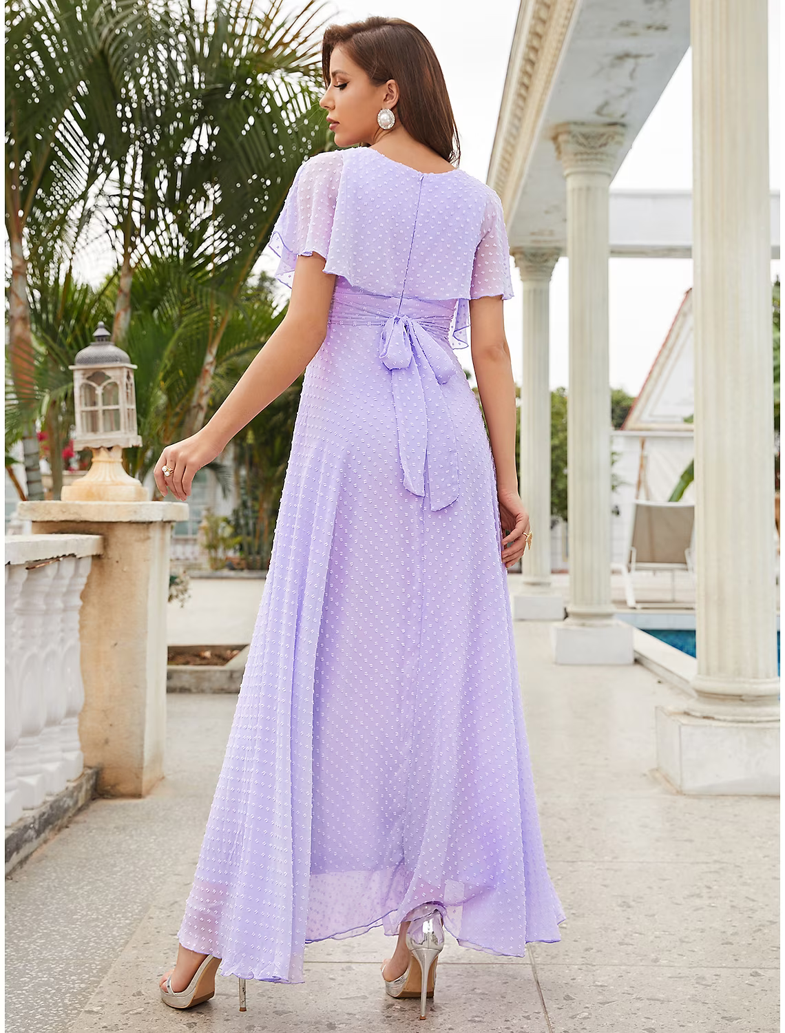 A-Line Wedding Guest Dresses Elegant Dress Party Wear Ankle Length Short Sleeve V Neck Chiffon with Ruffles Strappy